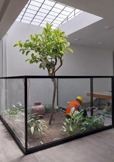 Patio interior con jardín en las oficinas de Linde Perú