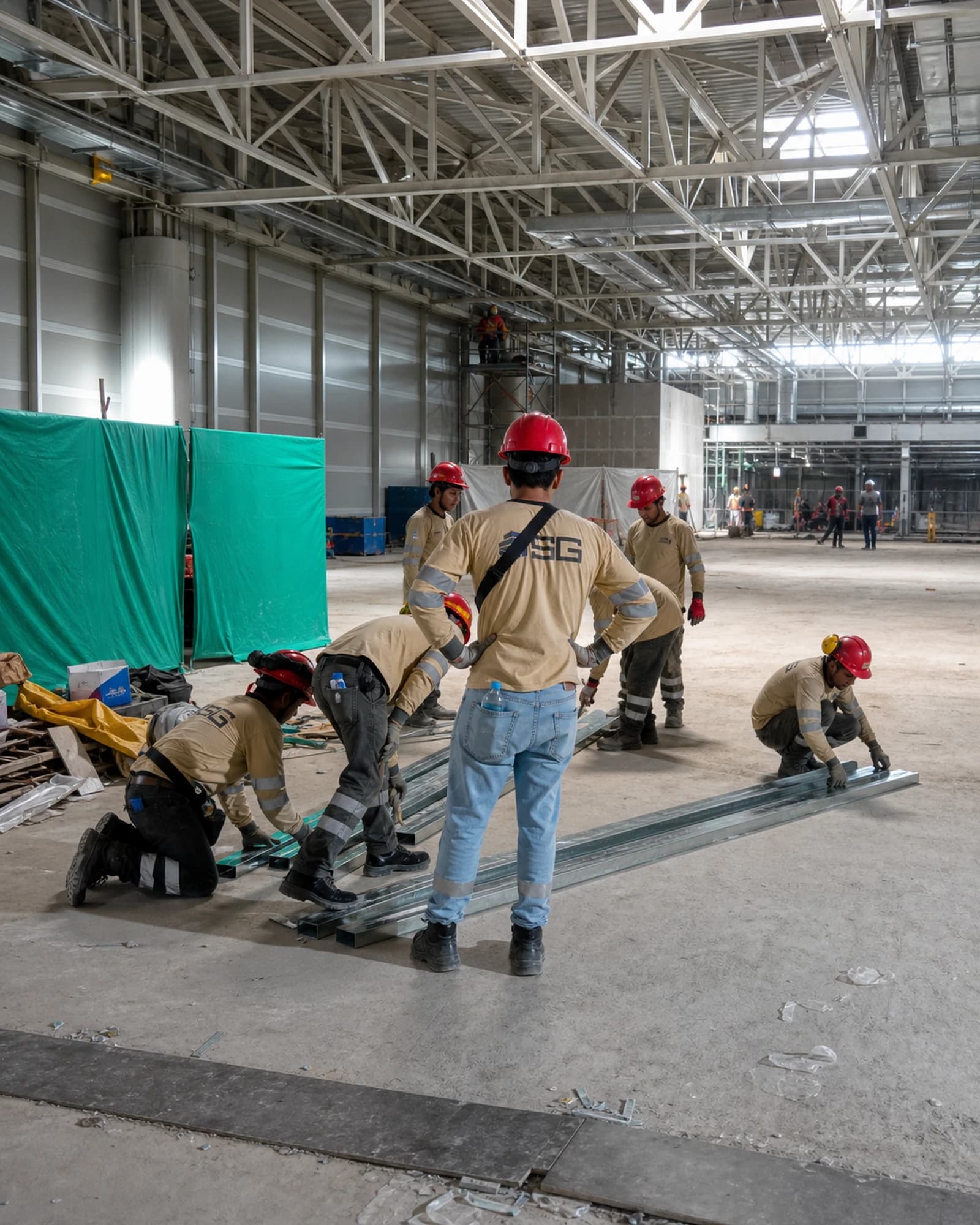 Equipo técnico ejecutando perfilería interior en obra aeroportuaria