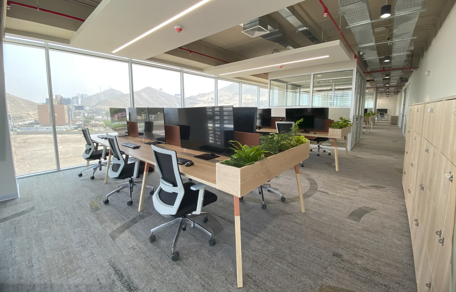 Oficina en Lima con estaciones de trabajo, mamparas de vidrio e iluminación lineal